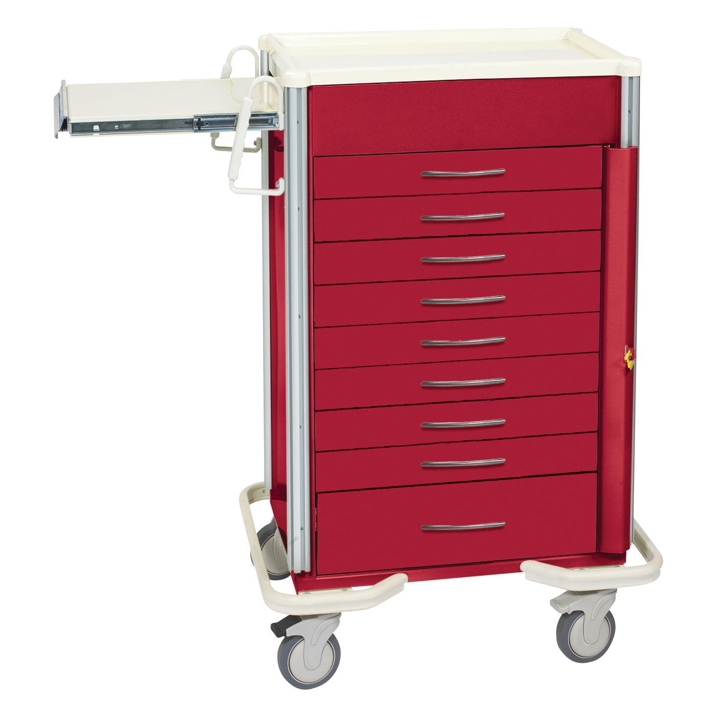 AliMed Select Series 9-Drawer Emergency Cart in red with wheels and a sliding side shelf, designed for medical use.