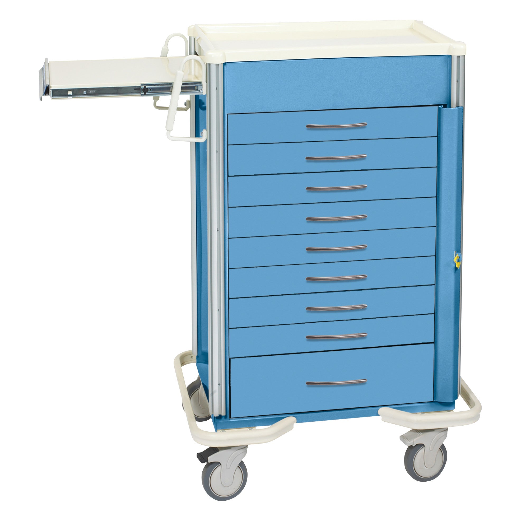 The AliMed Select Series 9-Drawer Emergency Cart is blue, with nine drawers, a sliding side tray, and mounted on wheels.