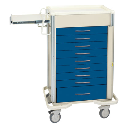 The AliMed Select Series 9-Drawer Emergency Cart has blue drawers, a beige frame, and wheels, with an extended side shelf.