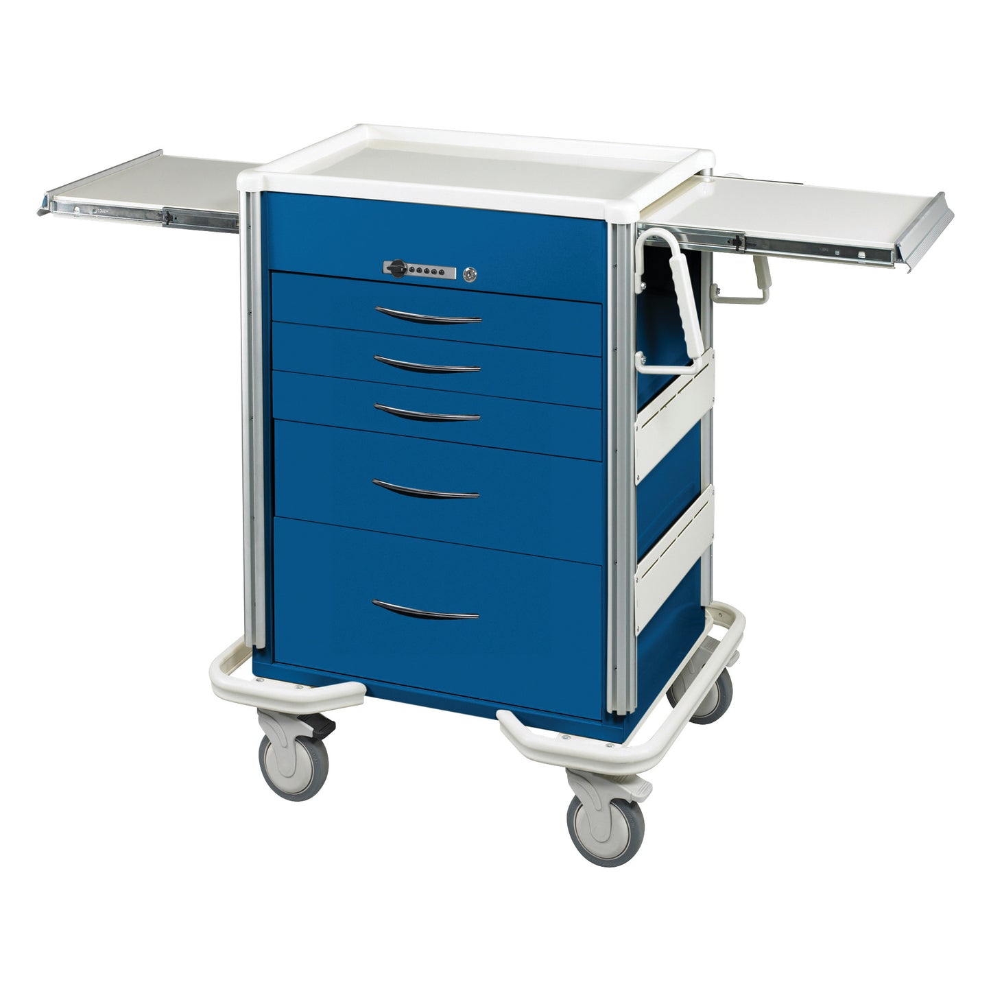 AliMed Select Series 5-Drawer Anesthesia/Procedure Cart with Push-Button Lock, featuring side extensions and wheels for mobility.