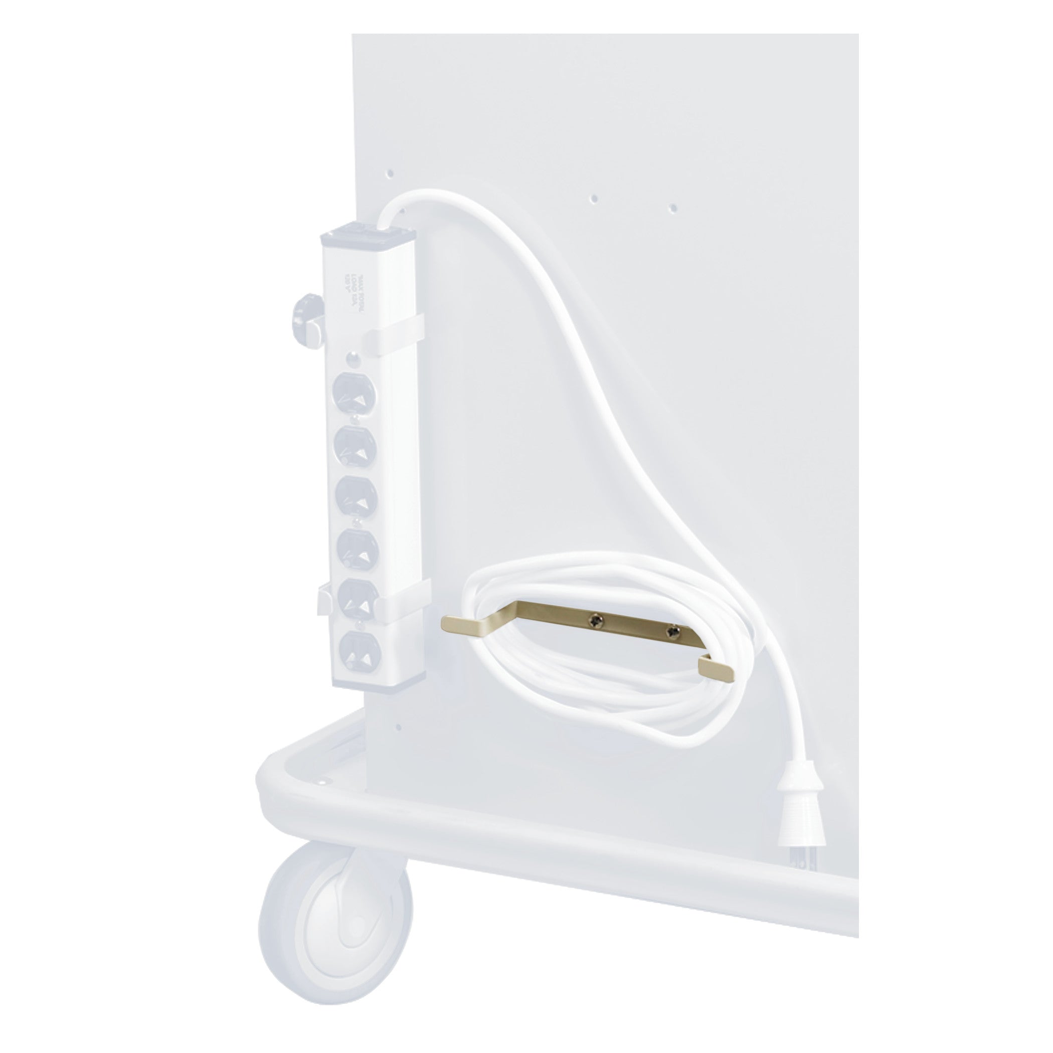 AliMed Cart Accessory: Mounting Bracket for Six-Outlet Strip holds a power strip and coiled cable on a medical cart with wheels.