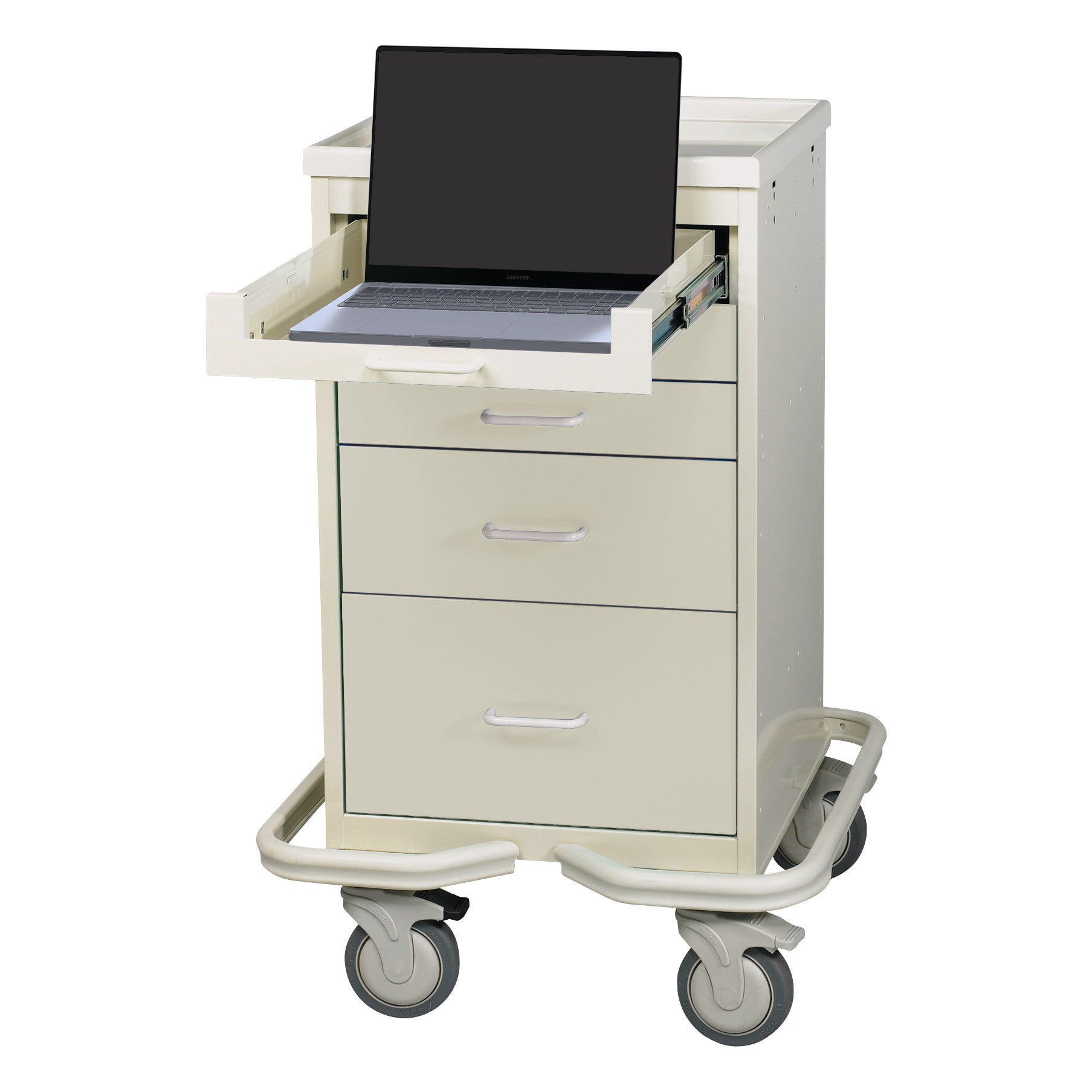 The AliMed Mini Series 5-Drawer Computer Tower Cart with wheels has a laptop on an extended top drawer.
