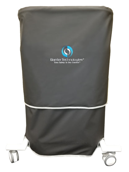 The Barrier Technologies Terminator XR Mobile Shield features a gray protective cover with a logo, mounted on wheels for mobility.
