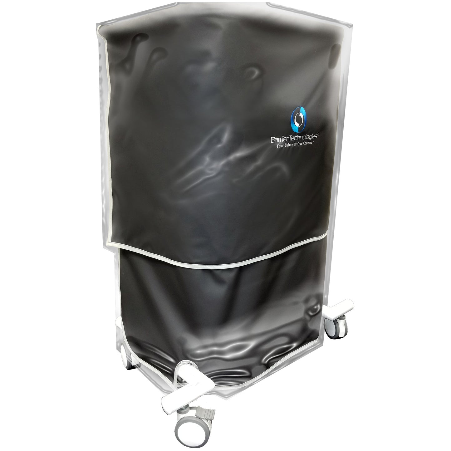 Sterile Drape for Barrier Technologies Terminator XR Mobile Shield, featuring a black cover with white edges and mounted on wheels.