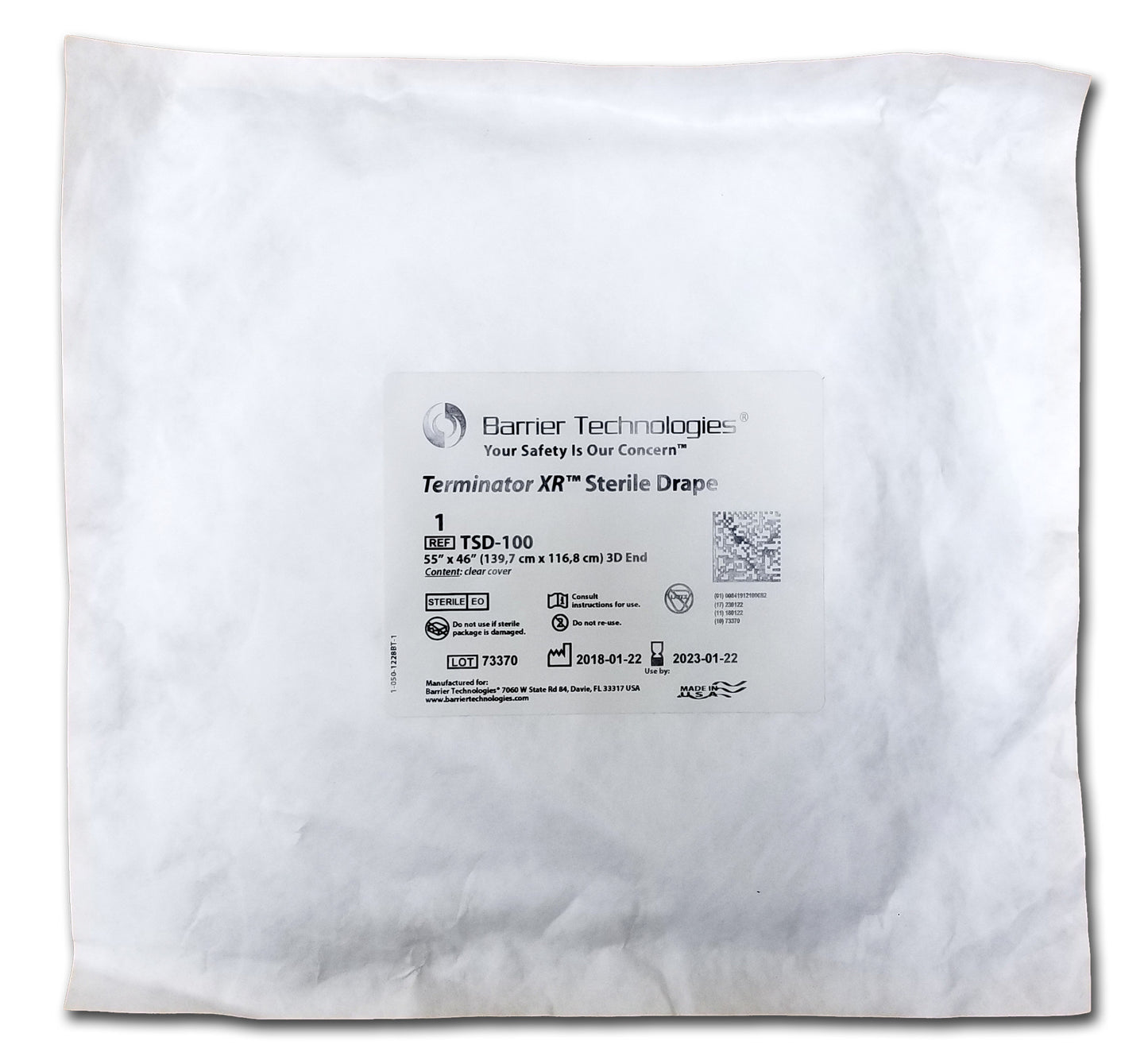White package labeled "Sterile Drape for Barrier Technologies Terminator XR Mobile Shield," displaying product details and logos.