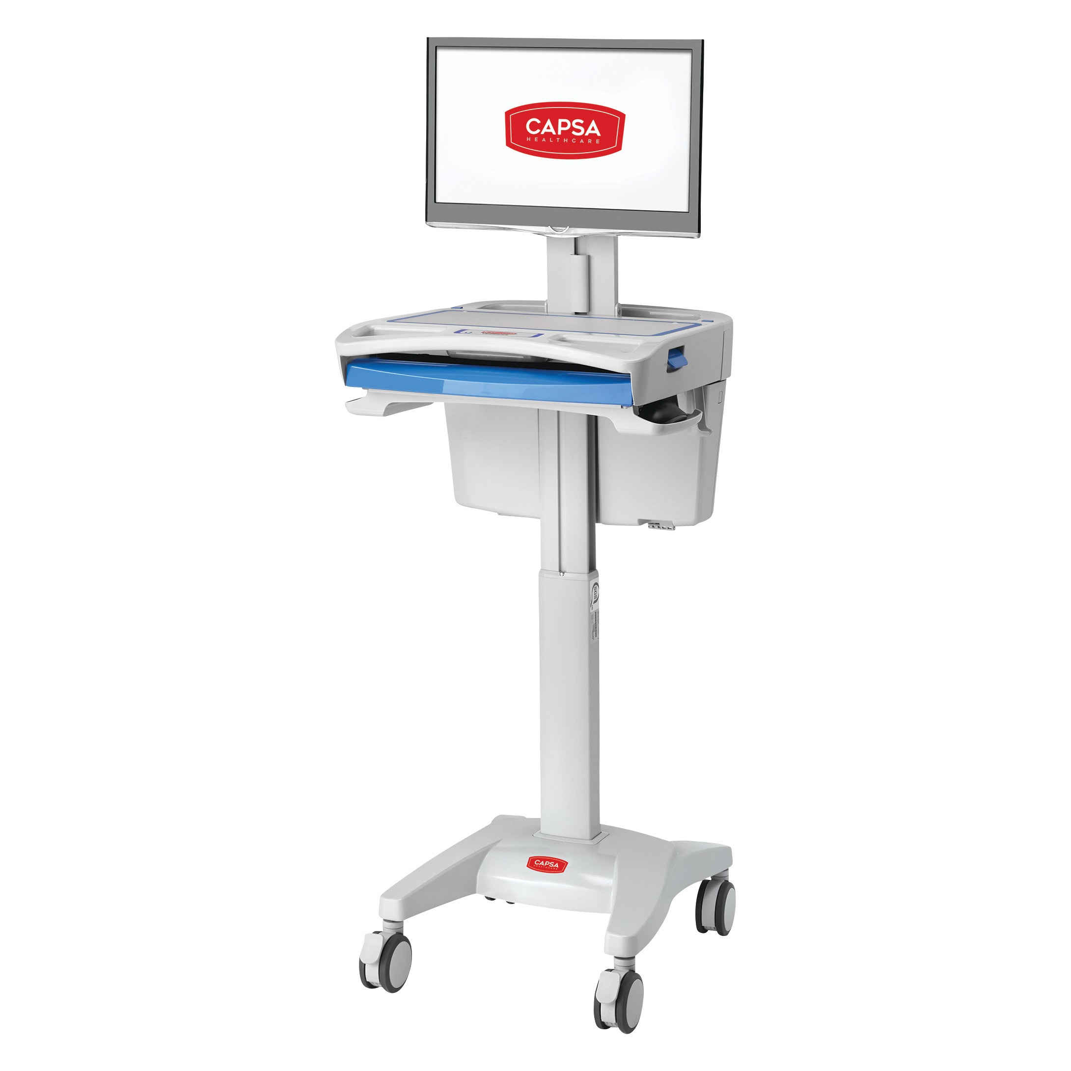 Capsa M40 Mobile Computer Workstation with a monitor, keyboard tray, and storage, mounted on a wheeled stand.