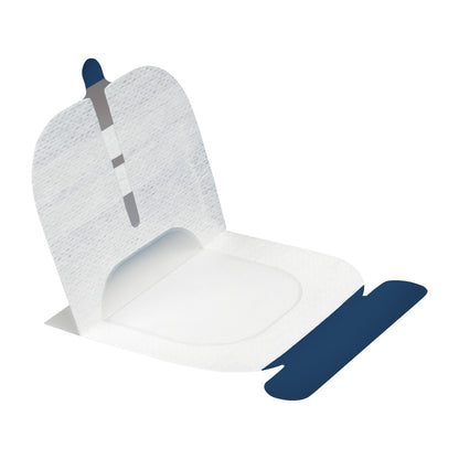 Parker UltraDrape UGPIV Barrier and Securement is shown with a transparent adhesive section unfolded, featuring blue tabs.