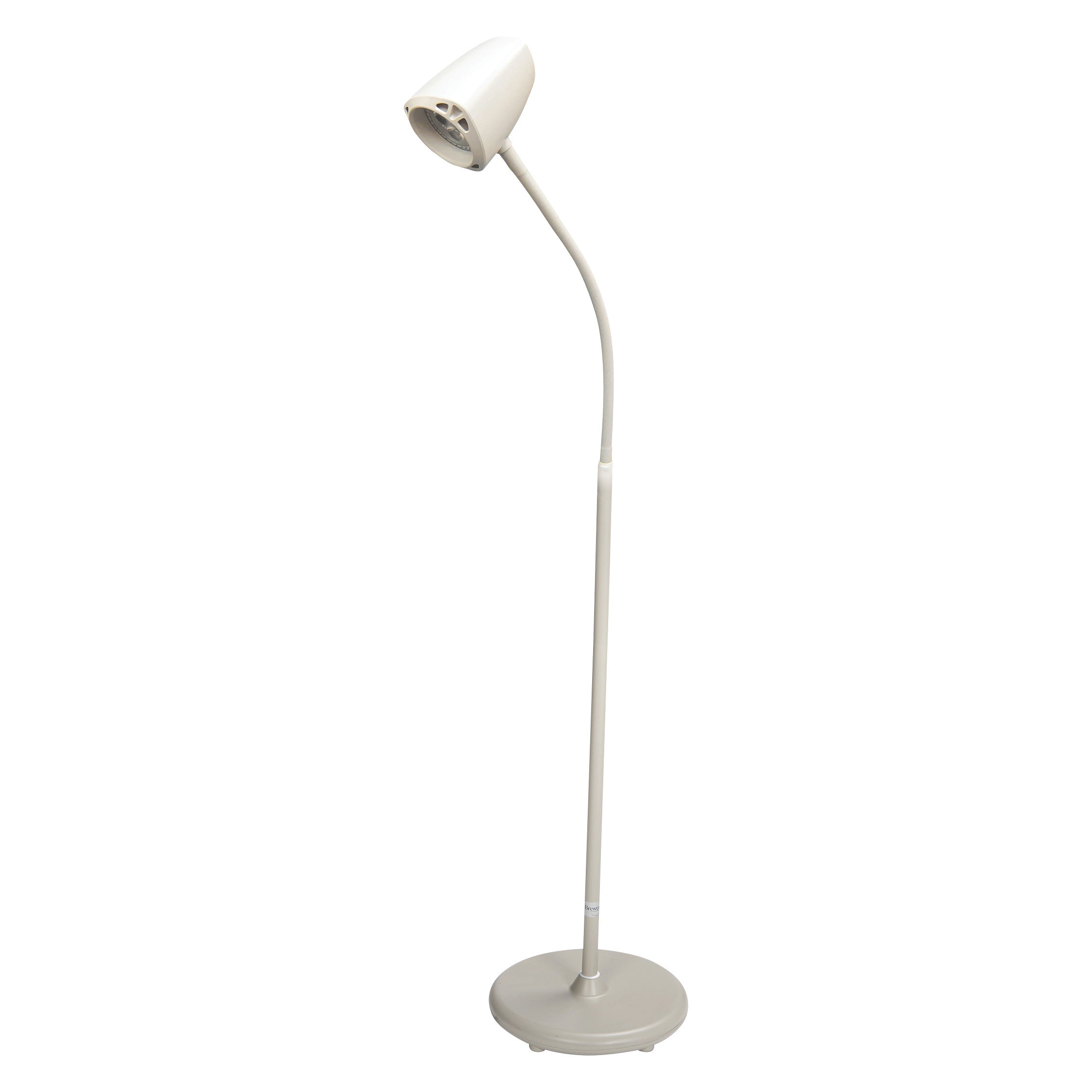 The Brewer Eco-Series LED Exam Light is an adjustable, off-white floor-standing lamp with a round base and a flexible neck.