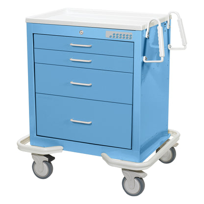 AliMed Standard Series 4-Drawer Anesthesia/Procedure Cart with Electronic Lock, in blue with wheels and handles for mobility.