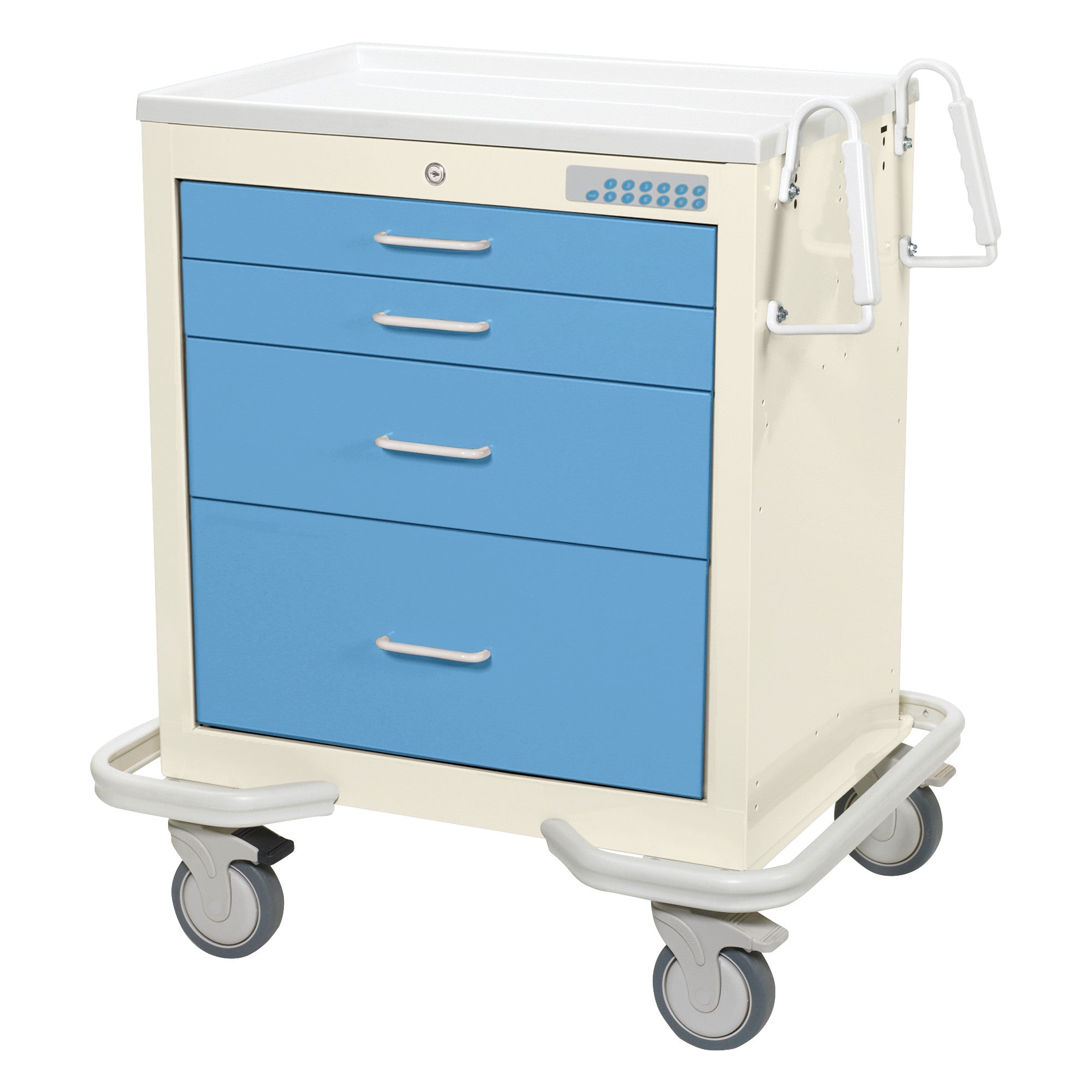AliMed Standard Series 4-Drawer Anesthesia/Procedure Cart with Electronic Lock, featuring blue drawers and swivel casters.