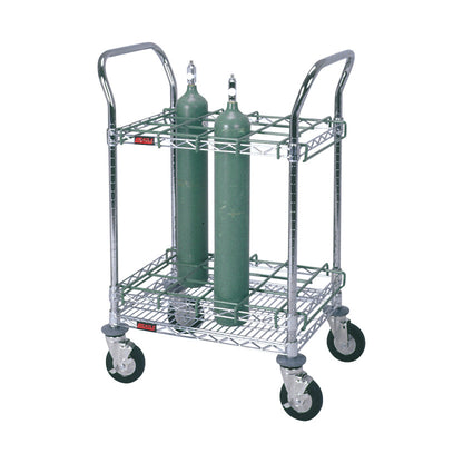A Respiratory Therapy Cart with two green oxygen tanks on a metal frame with two shelves, handles, and four wheels.