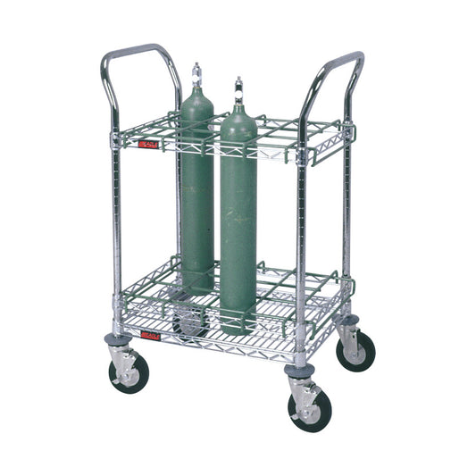A Respiratory Therapy Cart with two green oxygen tanks on a metal frame with two shelves, handles, and four wheels.