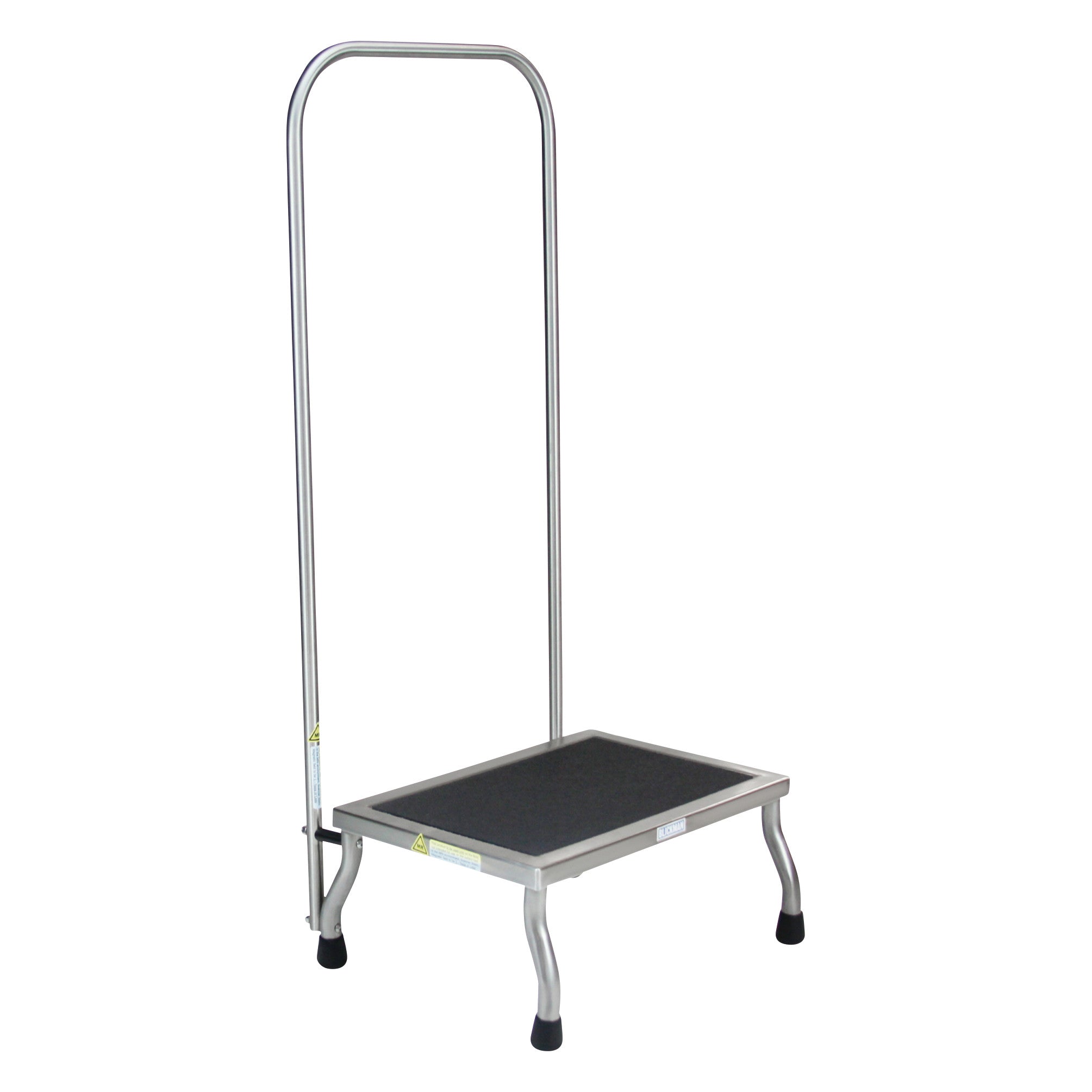 A Blickman MR-Conditional Kent Footstool with a metal frame, non-slip platform, four legs, and a tall handrail for support.