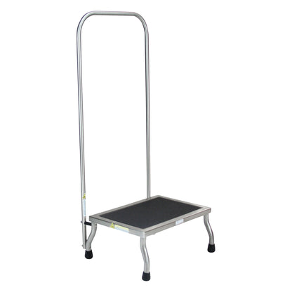 A Blickman MR-Conditional Kent Footstool with a metal frame, non-slip platform, four legs, and a tall handrail for support.