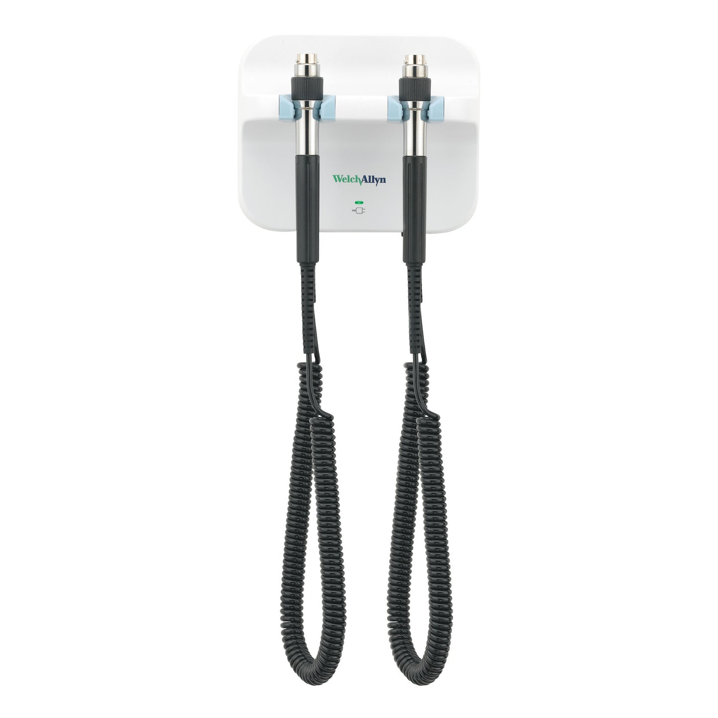 Welch Allyn 777 Basic Wall Diagnostic System with two instruments on a white mount featuring coiled cords, used for medical diagnostics.