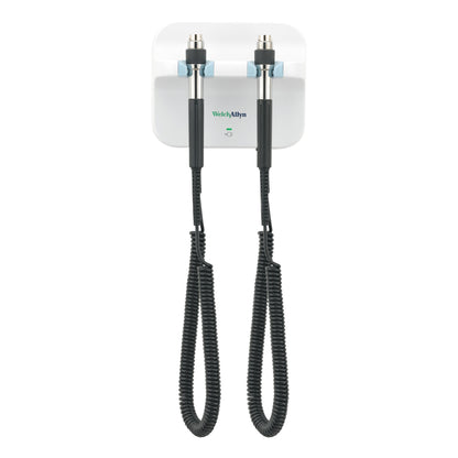 Welch Allyn 777 Basic Wall Diagnostic System with two instruments on a white mount featuring coiled cords, used for medical diagnostics.