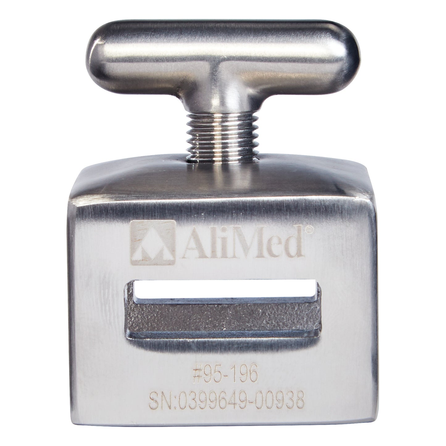 AliMed Stainless Steel Side Rail Socket with a T-shaped handle and slots for attachment, engraved with serial and product numbers.