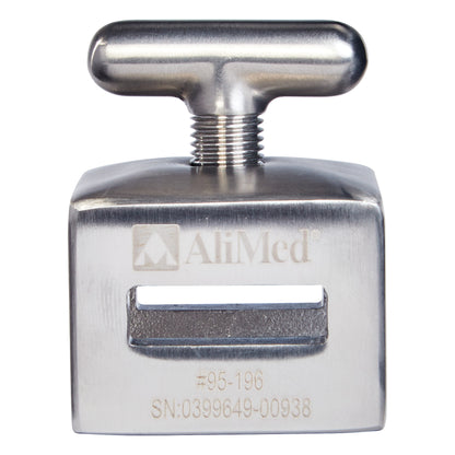 AliMed Stainless Steel Side Rail Socket with a T-shaped handle and slots for attachment, engraved with serial and product numbers.