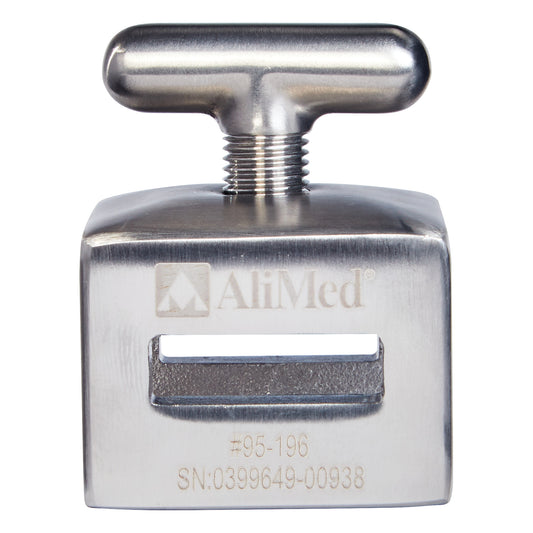 AliMed Stainless Steel Side Rail Socket with a T-shaped handle and slots for attachment, engraved with serial and product numbers.
