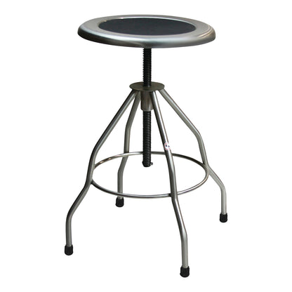 The image features a Blickman Clifton Revolving Stool with a metal frame, circular seat, and adjustable screw-style height mechanism.