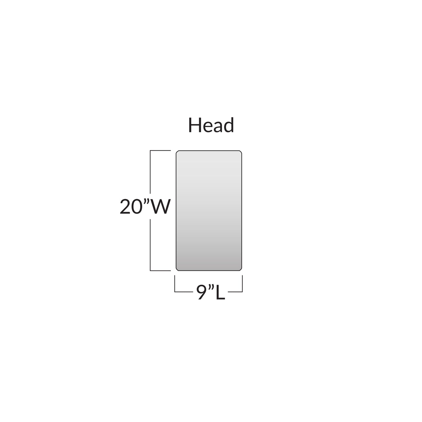 Dimensions diagram for Action Head Section Surface Overlay: 20" wide by 9" long, labeled "Head" above a rectangular shape.