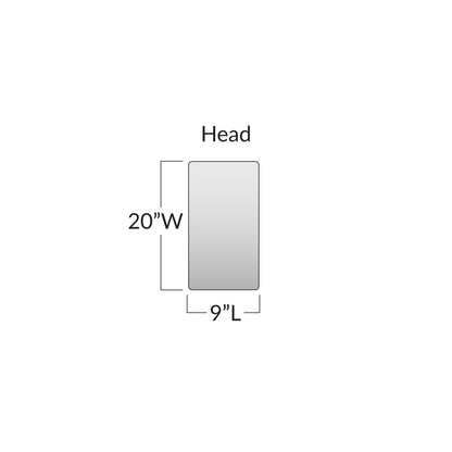 Dimensions diagram for Action Head Section Surface Overlay: 20" wide by 9" long, labeled "Head" above a rectangular shape.