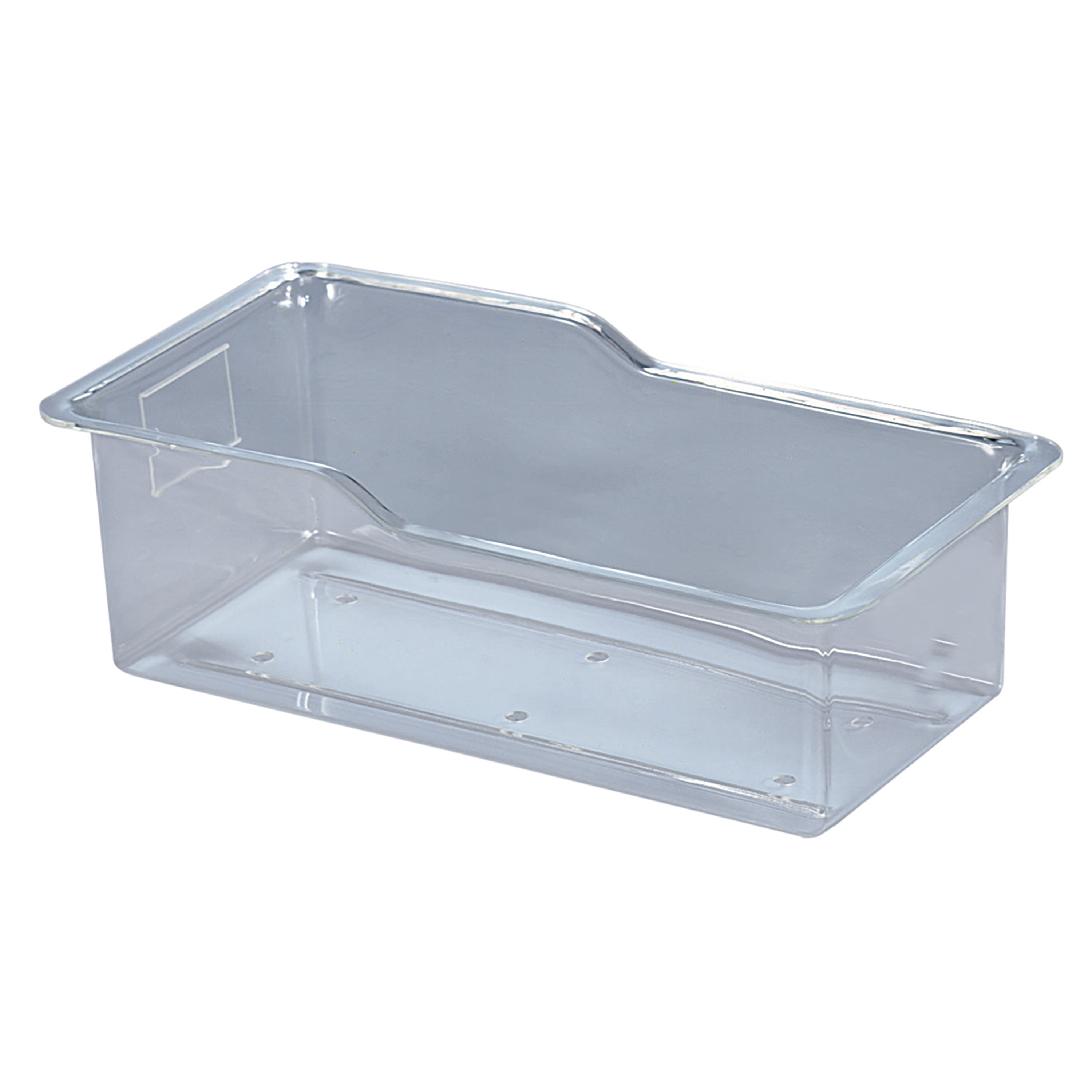 Clear plastic container with a rectangular shape, known as the Blickman Bassinet Basket, featuring a stepped design on one side.