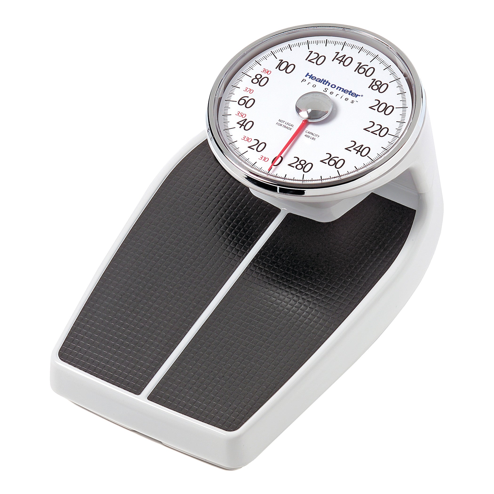 The Health o meter Mechanical Floor Scale features a black textured platform and a large dial with a red needle, displaying weight in pounds.