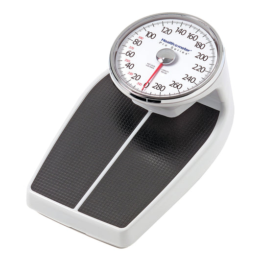 The Health o meter Mechanical Floor Scale features a black textured platform and a large dial with a red needle, displaying weight in pounds.