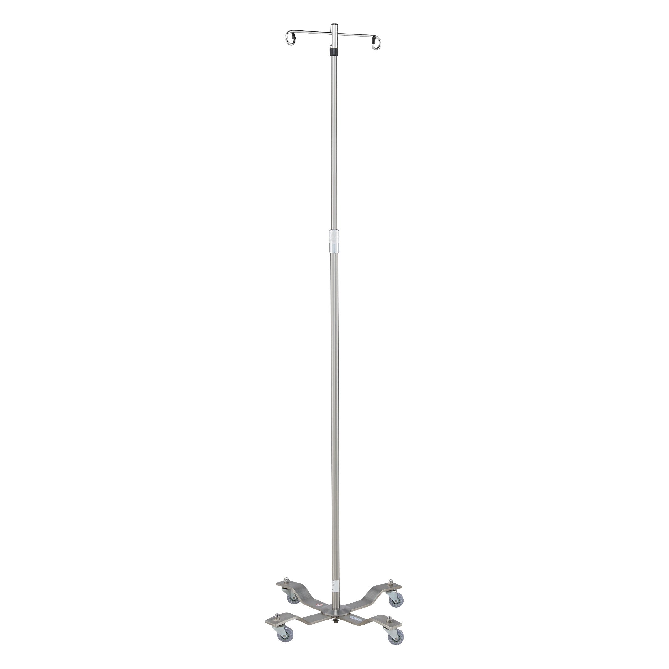 Blickman Four-Leg Stainless Steel IV Stand with Heavyweight Base, featuring hooks and wheels for mobility and stability.