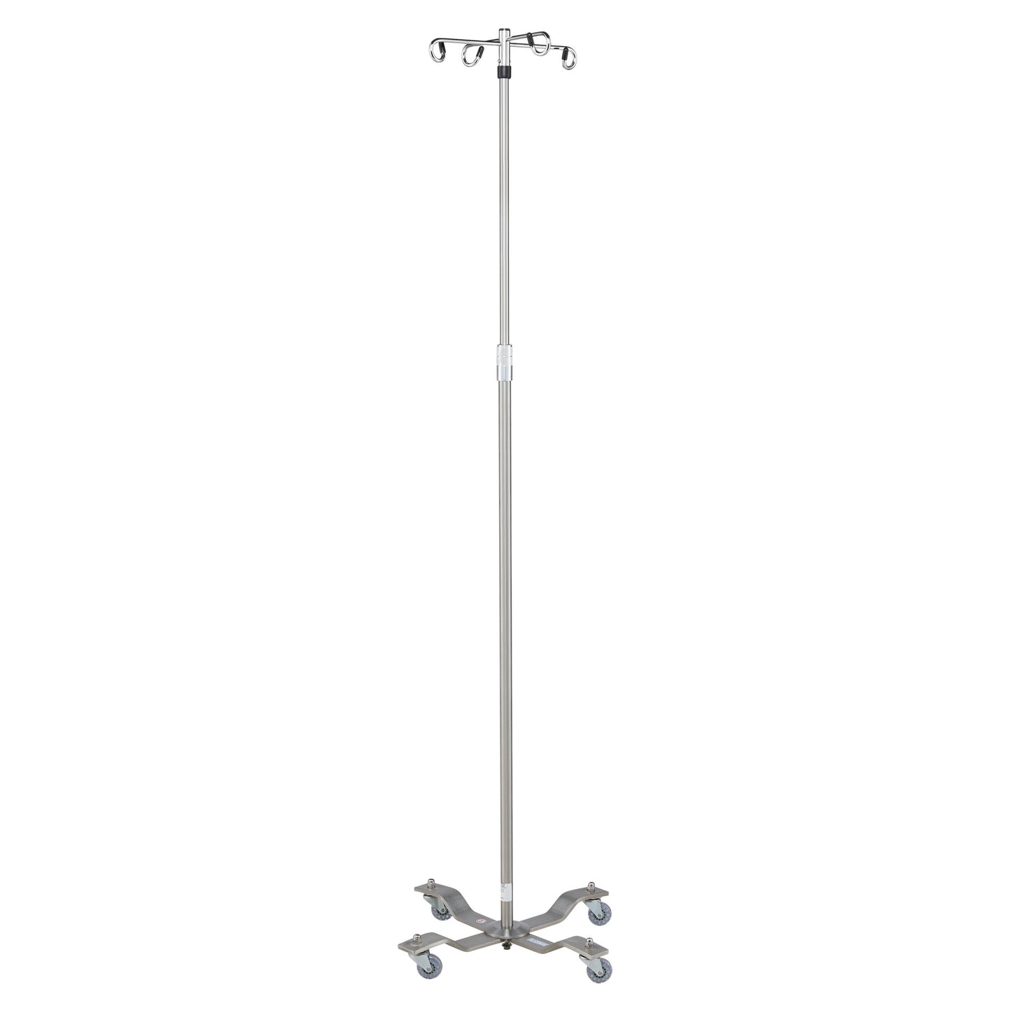 Blickman Four-Leg Stainless Steel IV Stand with Heavyweight Base, featuring four caster wheels and adjustable hooks on top.