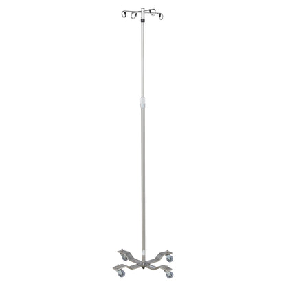 Blickman Four-Leg Stainless Steel IV Stand with Heavyweight Base, featuring four caster wheels and adjustable hooks on top.