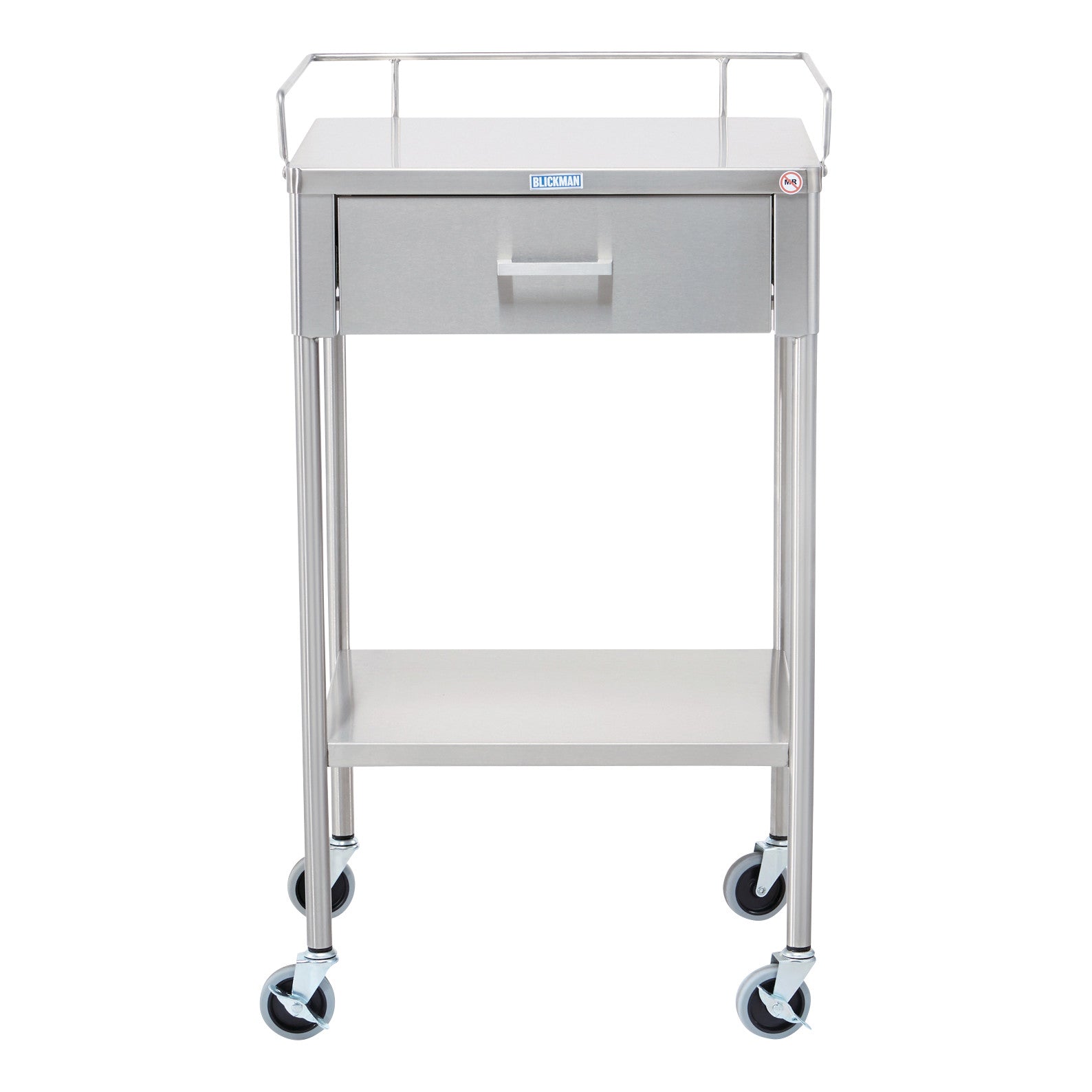 The Blickman Ferguson Anesthesia and Utility Table is a metal cart with a drawer, lower shelf, and wheels for mobility.