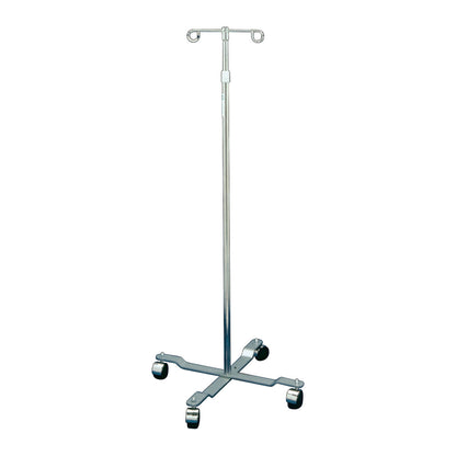 Drive Medical Economy IV Pole with four caster wheels and two hooks, designed for medical use, has an adjustable height feature.