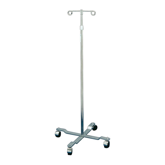 Drive Medical Economy IV Pole with four caster wheels and two hooks, designed for medical use, has an adjustable height feature.
