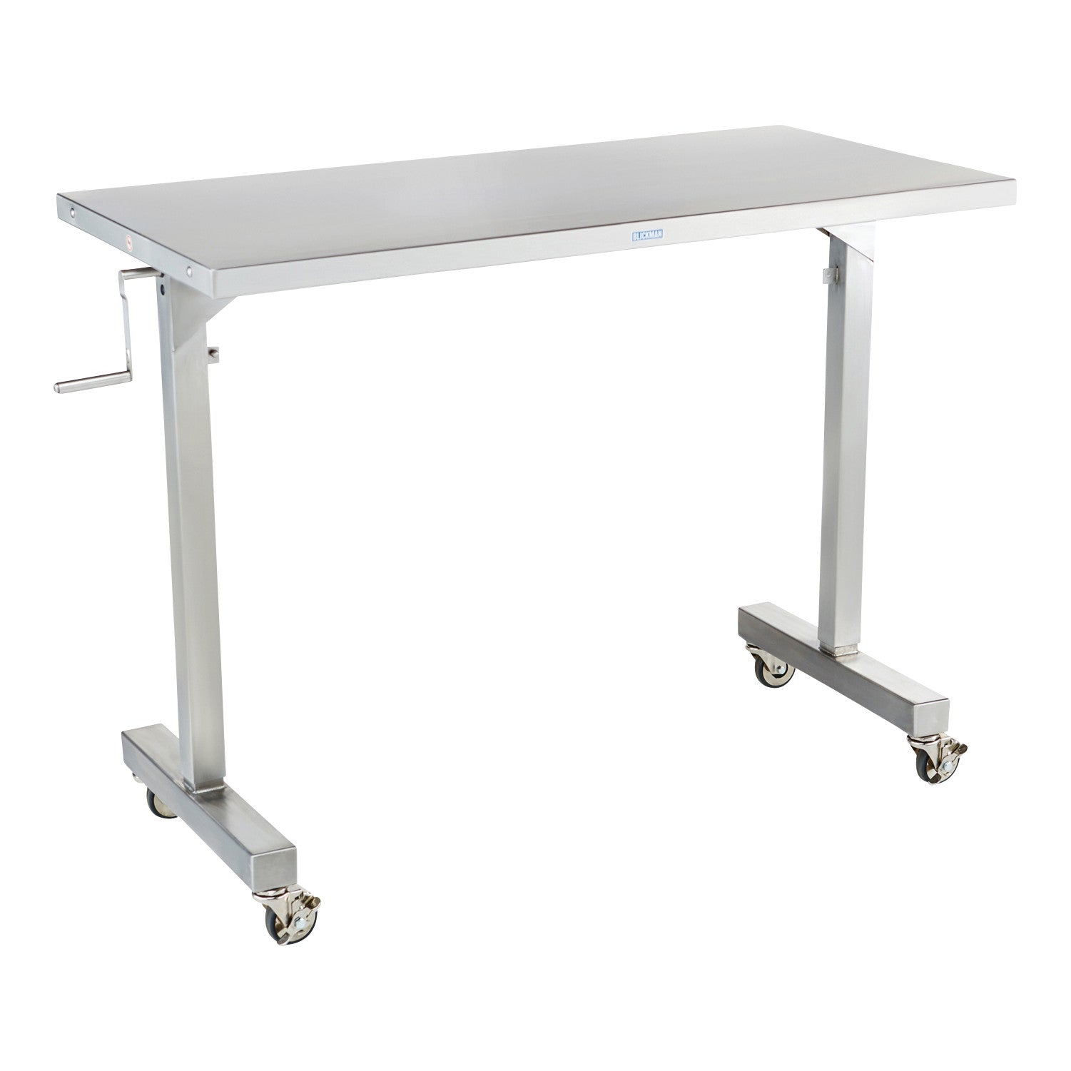 The Blickman Georgetown Manual Adjustable Instrument Table is a stainless steel table on casters with a hand crank for height adjustment.