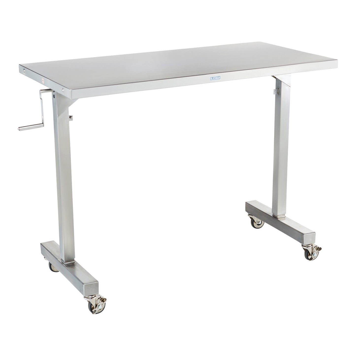 The Blickman Georgetown Manual Adjustable Instrument Table is a stainless steel table on casters with a hand crank for height adjustment.