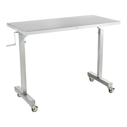 The Blickman Georgetown Manual Adjustable Instrument Table is a stainless steel table on casters with a hand crank for height adjustment.