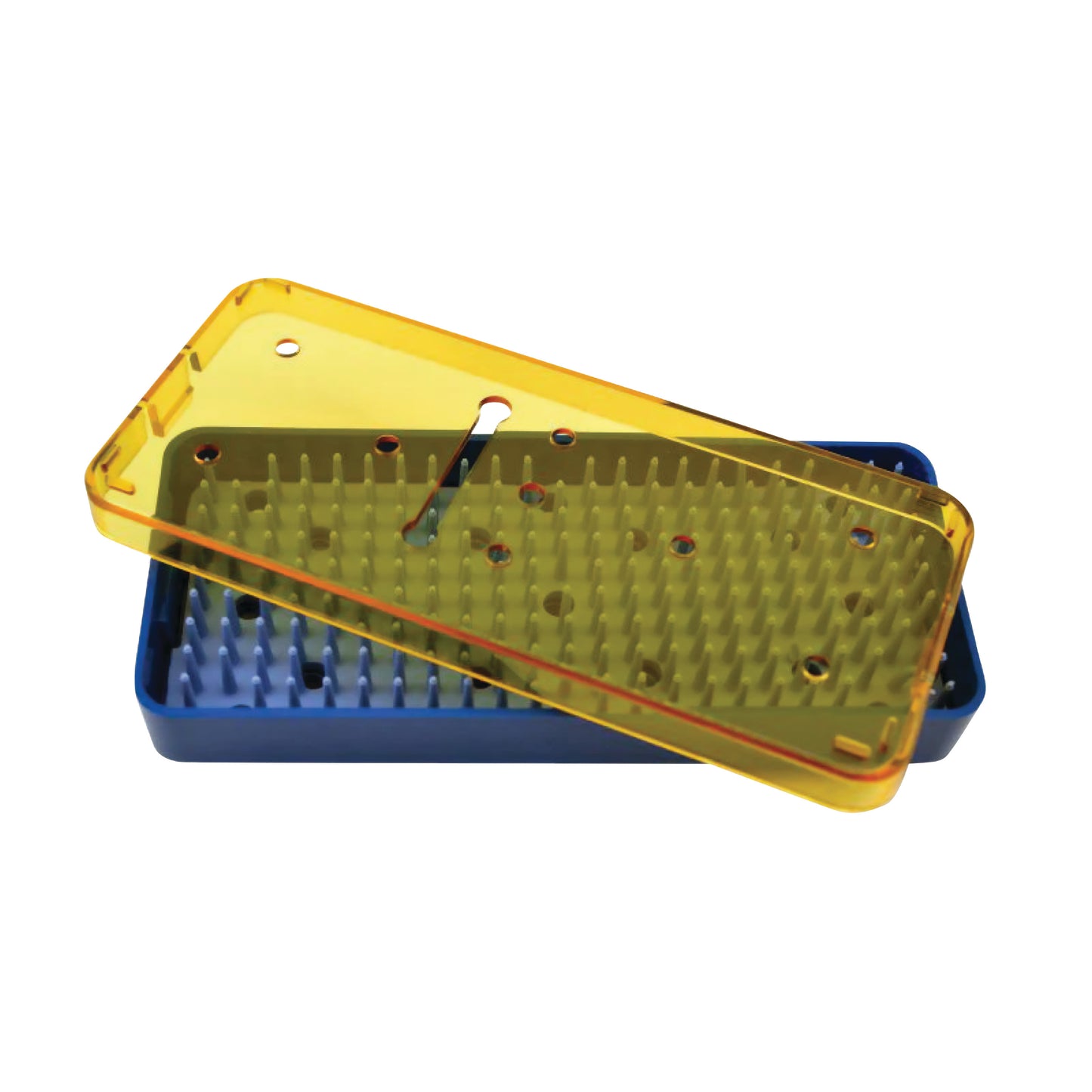 PST Plastic Instrument Sterilization Tray with a yellow transparent lid and blue base, featuring upright pegs for holding items securely.