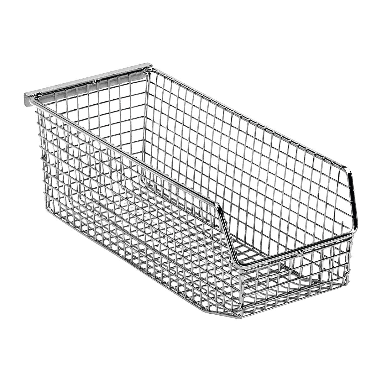 Quantum Mesh Stack and Hang Wire Bin, a rectangular, metal storage basket with a grid design and sloped front for easy access.