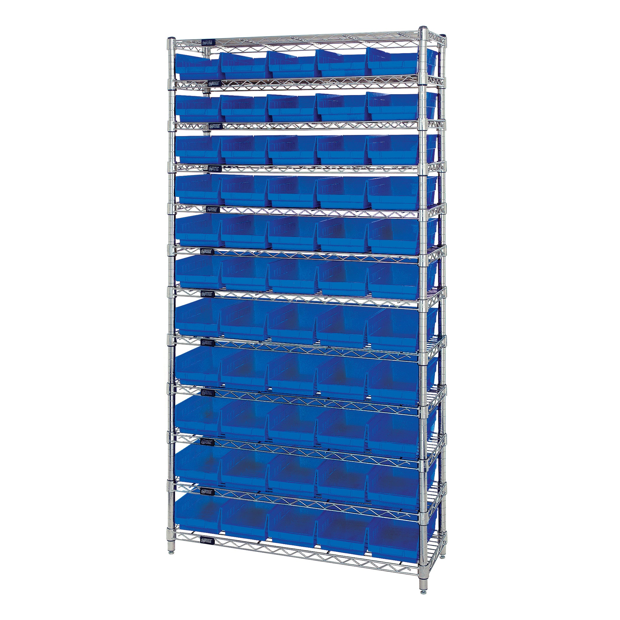 Quantum Chrome Wire 12-Shelf Bin System with blue bins organized on a tall, sturdy metal frame, suitable for storage and organization.