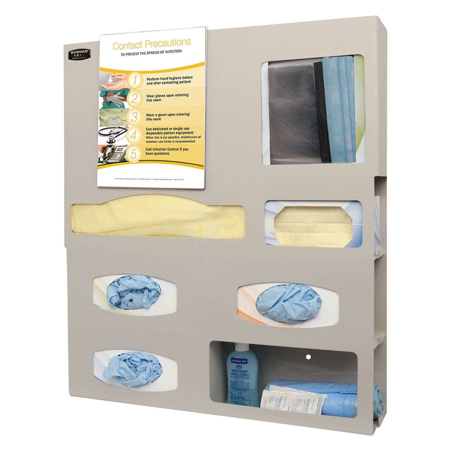Bowman Tri-Glove Single-Gown ABS Isolation Station holds gowns, gloves, masks, and sanitizer with a contact precautions sign on top.