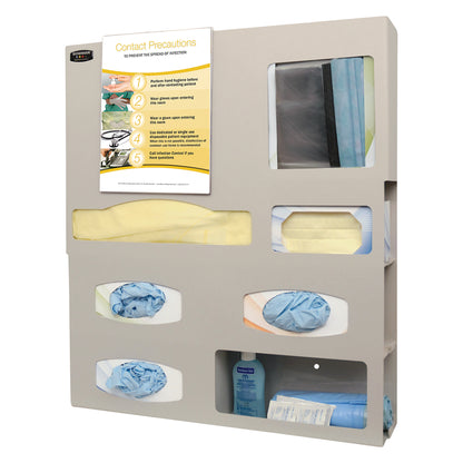 Bowman Tri-Glove Single-Gown ABS Isolation Station holds gowns, gloves, masks, and sanitizer with a contact precautions sign on top.