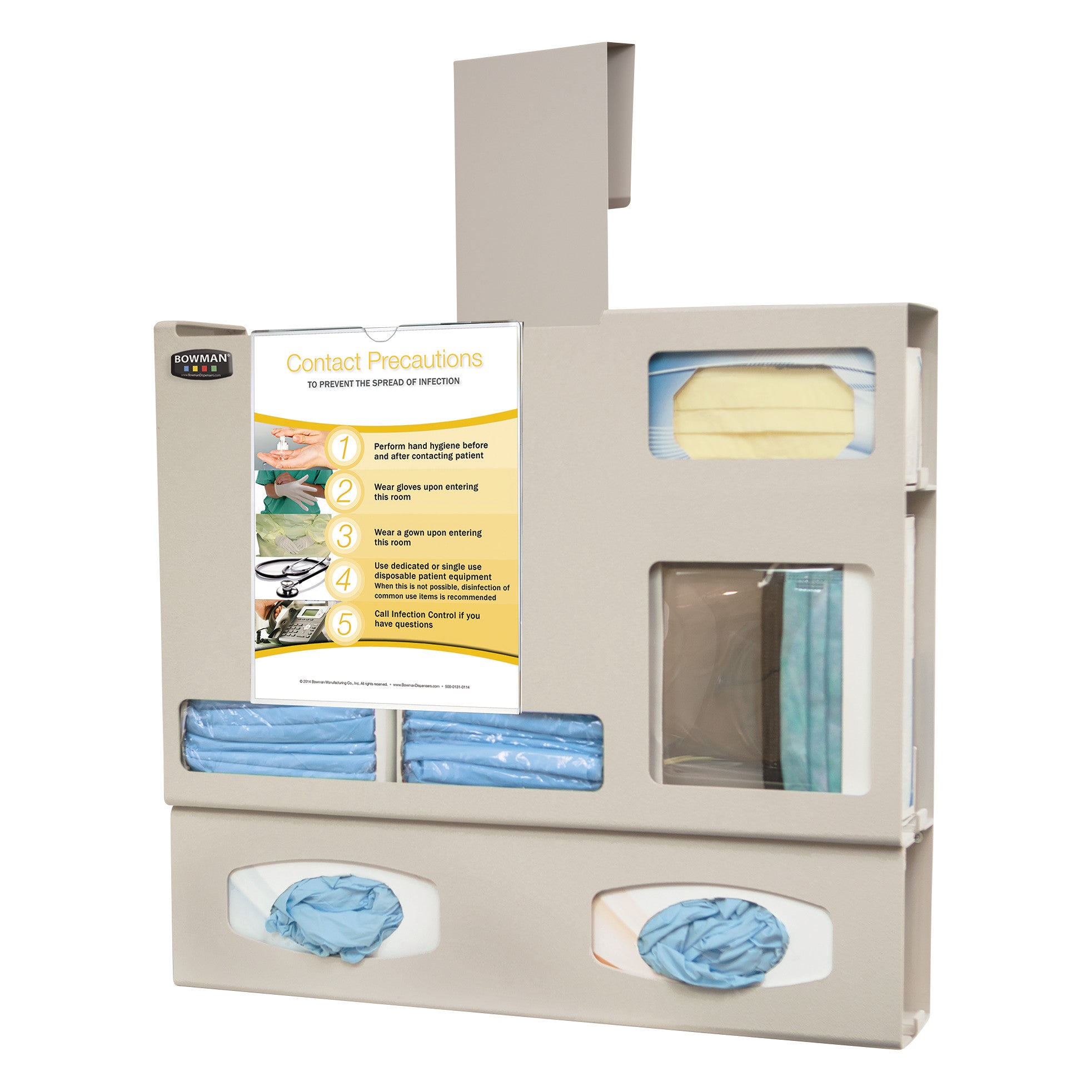 Bowman Double-Glove Single-Gown ABS Isolation Station with sections for gloves, gowns, masks, and a contact precautions sign.