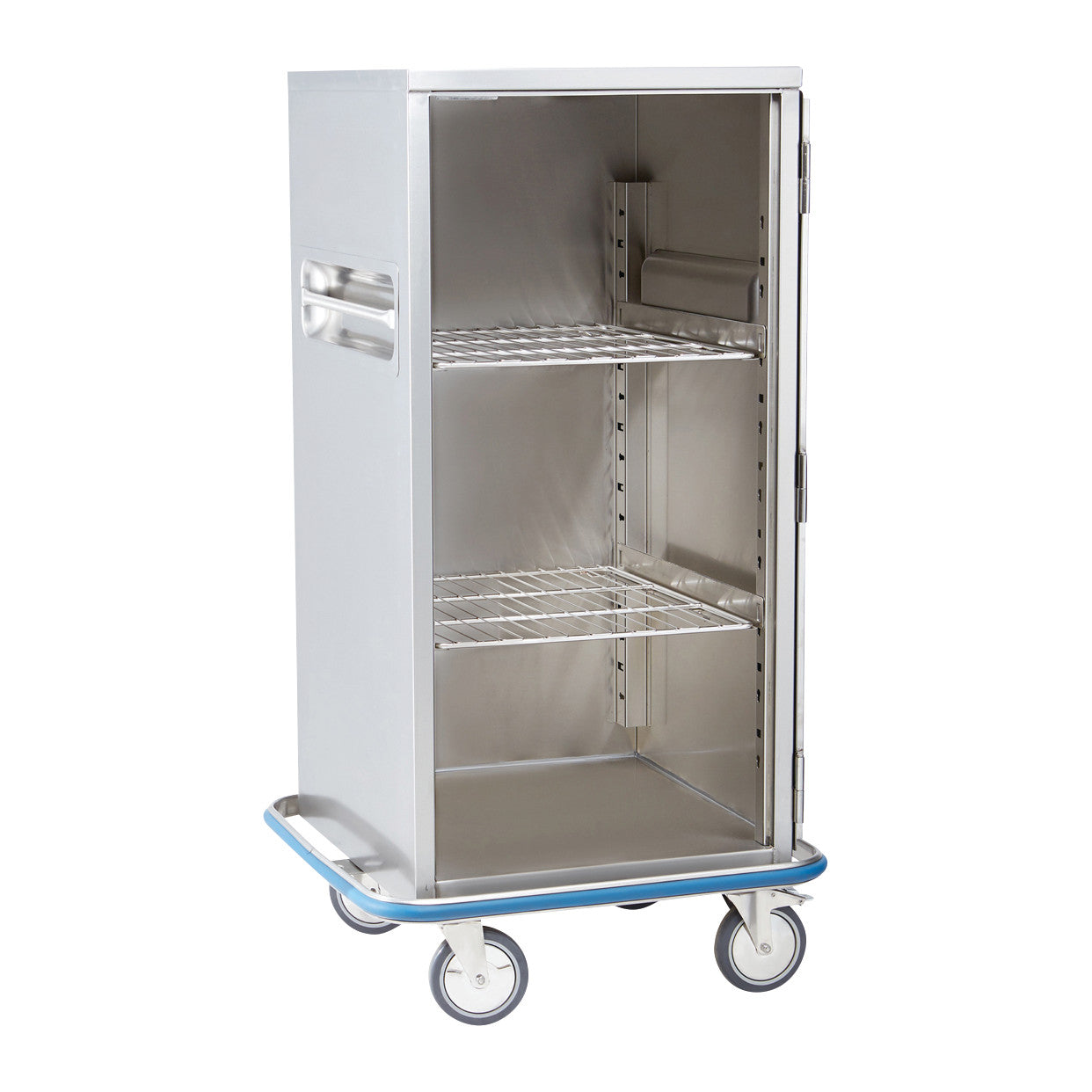 Blickman Space Saver Case Cart with two wire shelves, made of stainless steel, featuring a door and four wheels for mobility.