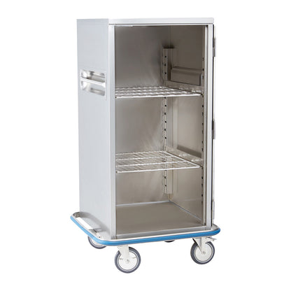 Blickman Space Saver Case Cart with two wire shelves, made of stainless steel, featuring a door and four wheels for mobility.