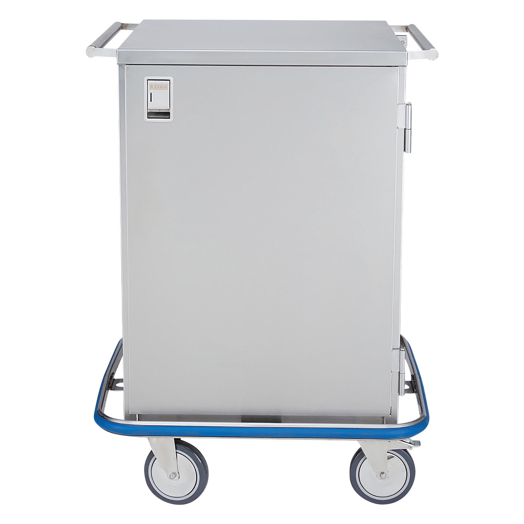 A Blickman Mini Case Cart with a stainless steel body, a single door, four wheels, and a protective blue bumper around the base.