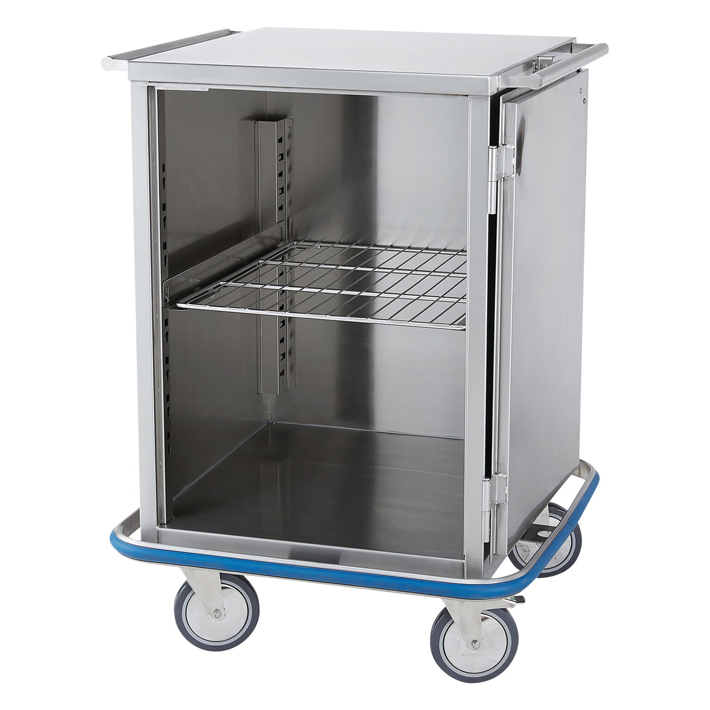 A Blickman Mini Case Cart made of stainless steel with one wire shelf and four caster wheels, designed for medical storage.