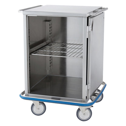 A Blickman Mini Case Cart made of stainless steel with one wire shelf and four caster wheels, designed for medical storage.