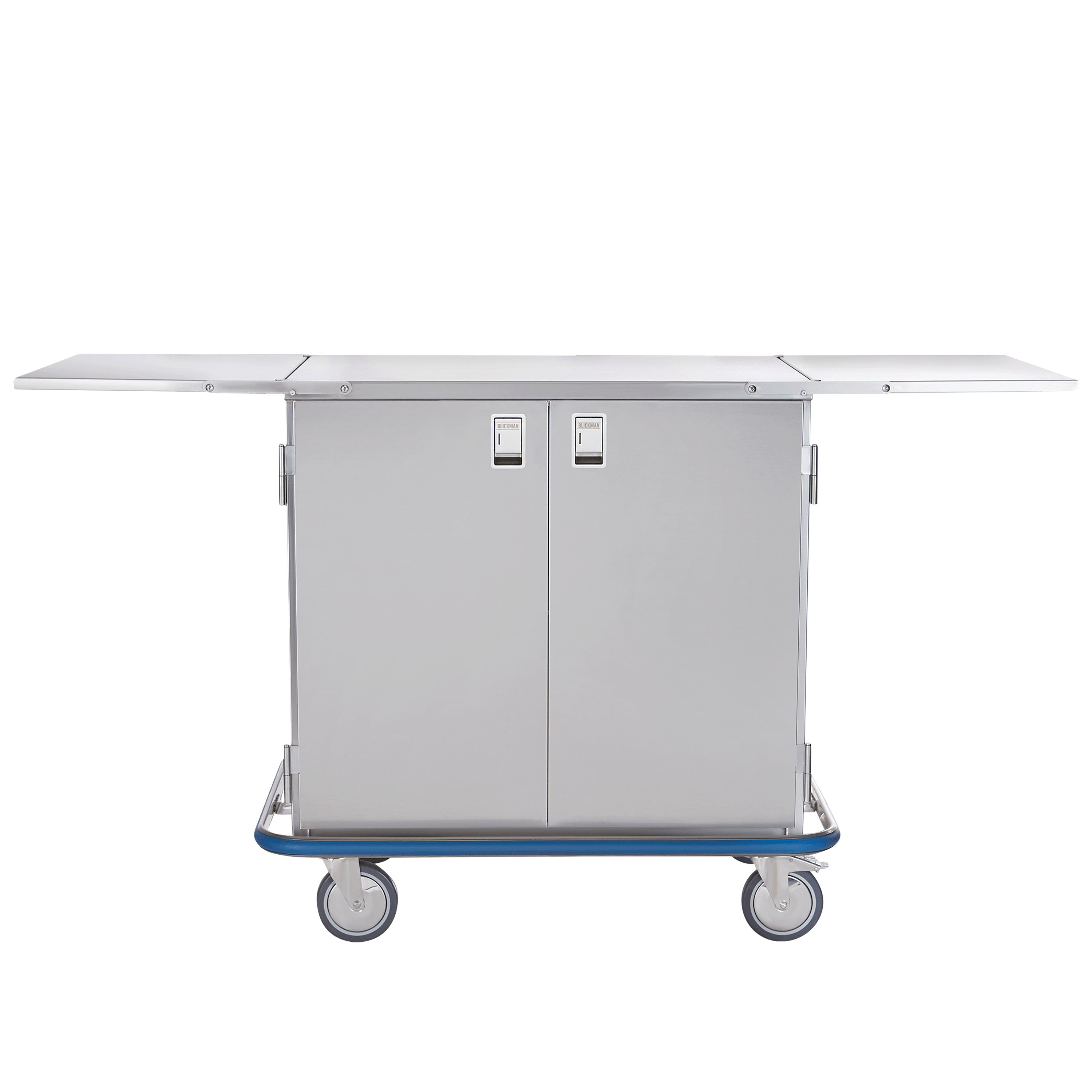 Blickman Multipurpose Case Cart with stainless steel body, two hinged doors, and foldable side shelves on four wheels.